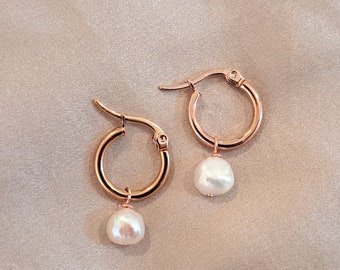 Baroque Pearl Earrings White Fresh Water Pearl Earrings  Rose Gold Surgical Steel Huggy Earrings Hypoallergenic Rose Gold Hoop Earrings