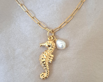 18K Gold Plate Tarnish Resistant Necklace Gold Seahorse Necklace with Pearl Gold Plate Beach Inspired Necklace