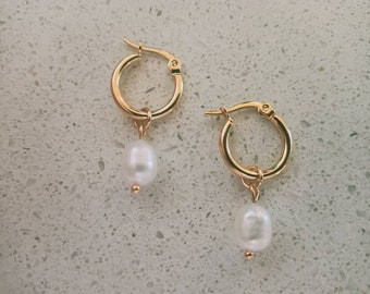 Freshwater Pearl Hoop Earrings: 18K Gold Plated Surgical Steel
