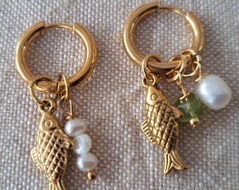 Gold Fish, Pearl & Peridot Charm Earrings/18K Gold Plate Earrings