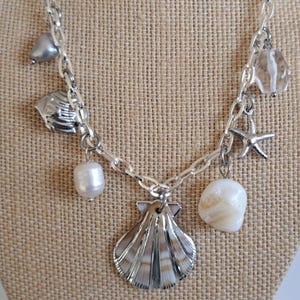 Silver Charm Necklace Silver Beach Charm with Pearls & Shells Necklace Tarnish Resistant Charm Necklace