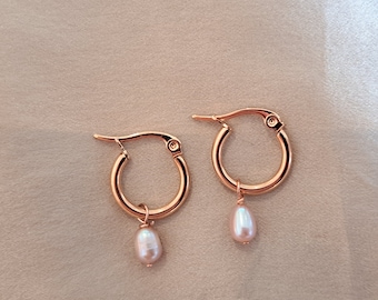 Rose Gold Hoop Earrings: Surgical Steel, Pink Pearl Dangle