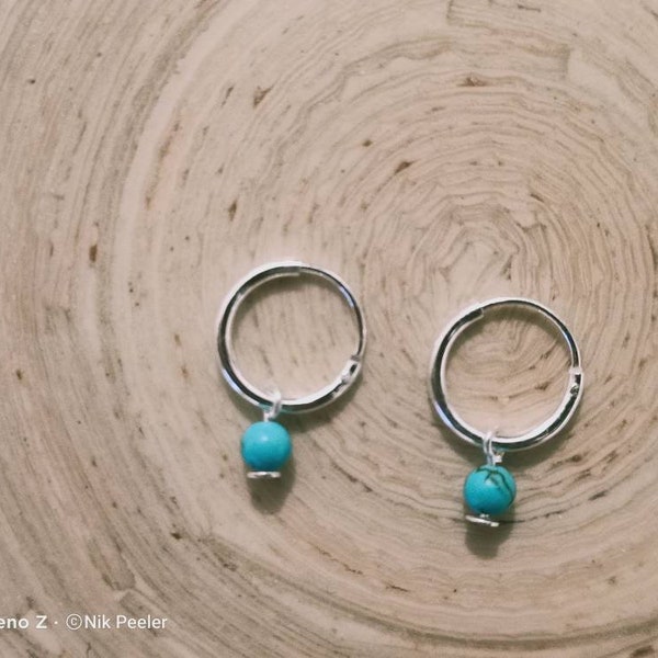 Tiny Sterling Silver Turquoise Hoop Earrings Silver Earrings Turquoise Earrings Small Hoop Earrings December gift
