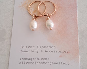 18K Rose Gold Plated Hoop Earrings with White Baroque Pearl