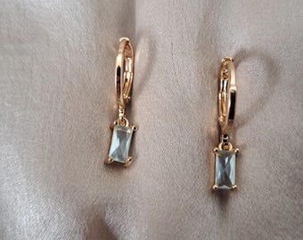 Aquamarine Huggy Earrings: Gold Plated Brass, Small Stacking Hoops