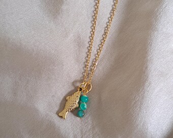 Gold Fish Necklace: Ocean Jasper Charm, Stainless Steel Chain