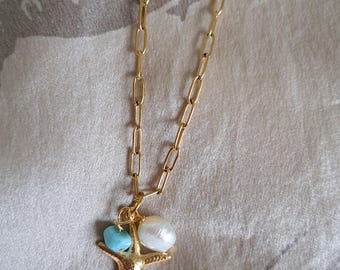 Gold Charm Necklace Starfish, Pearl & Larimar Charm Necklace Beach Inspired Charm Necklace