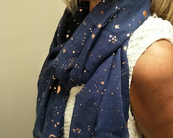 Navy Blue Scarf Rose Gold Foil Moon and Stars Scarf Rose Gold Scarf Celestial Scarf