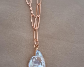 18K Rose Gold Plated Baroque Pearl Necklace, Tarnish Resistant Paperclip Chain