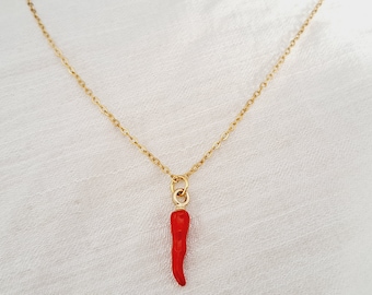 18K Plate Gold Red Chilli Necklace Red Cornichello Necklace Gold Chilli Necklace Protection Necklace Hypoallergenic Tarnish Resistant