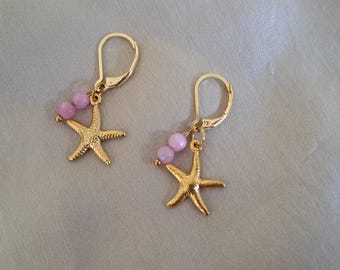 Gold Starfish Earrings with Pink Jade 18K Gold Plate Tarnish Resistant Earrings