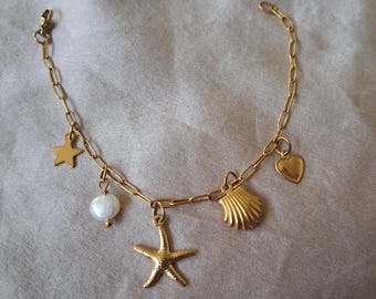 Gold Beach Charm Bracelet Pearl Charm Bracelet 18K Gold Plate Tarnish Resistant Charm Bracelet