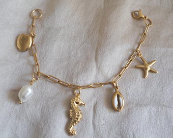 18K Gold Plate Beach Charm Bracelet: Pearl, Seahorse, Starfish