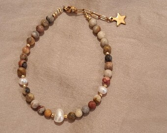 Brown Agate & Pearl Bracelet 18K Gold Plate Adjustable Agate Bracelet