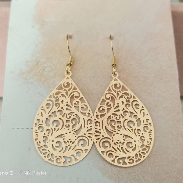 Gold Teardrop Earrings Gold Filigree Earrings Gold Boho Earrings Hypoallergenic Earwires Gold Drop Earrings Lasercut Filigree Earrings