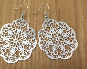 Silver Filigree Flower Earrings, Moroccan Stainless Steel Hook