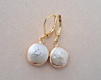 18K Gold Plated Coin Pearl Leverback Earrings: Tarnish Resistant Wedding Jewelry
