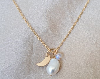 14K Gold Filled Necklace Keshi Pearl with Rainbow Moonstone Necklace 14K Gold Filled Moon Necklace Water and Tarnish Resistant Necklace