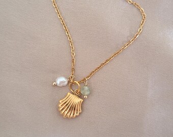 Gold Shell Necklace: Pearl /Aquamarine, Beach Jewelry