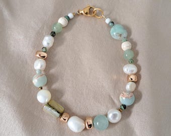 Beaded Pearl Jade Turquoise Larimar Bracelet with Gold accents