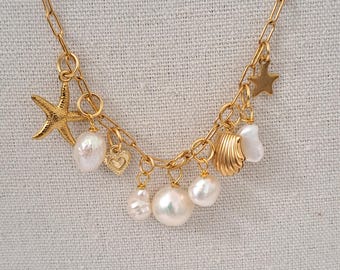 Gold Starfish Pearl Charm Necklace: 18K Gold Plated, Tarnish Resistant