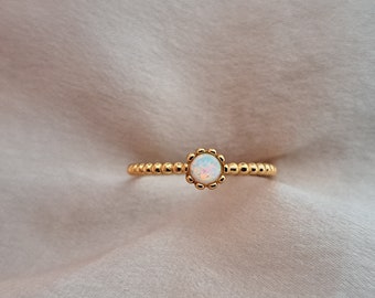 24K Gold Plate Snow Opal Ring, Sterling Silver Beaded Wire Band