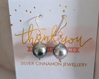 14K Solid Gold Cultured Tahitian Pearl Earrings: Bridal Jewelry Natural Black Pearl Earrings on 14K Gold Earwires