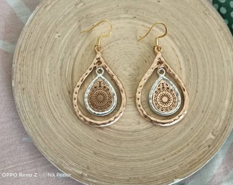 Gold Moroccan Inspired Earrings 2 Tone Moroccan Teardrop Filigree Earrings Stainless Steel Earwires Gold Boho Earrings