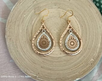 Gold Moroccan Teardrop Earrings: Two-Tone Filigree Boho Earrings