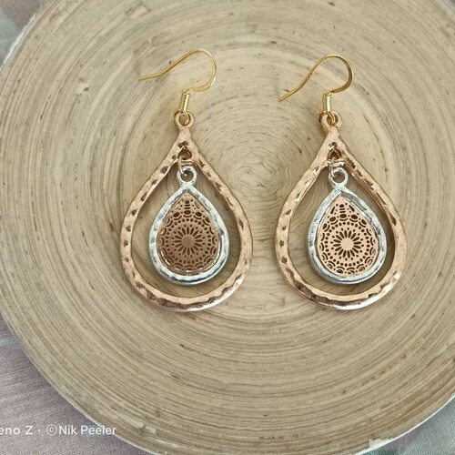 Gold Moroccan Teardrop Earrings: Two-Tone Filigree Boho Earrings
