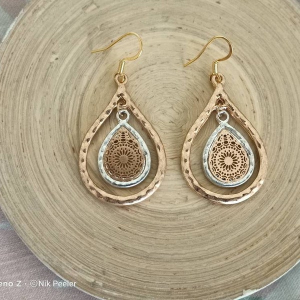 Gold Moroccan Inspired Earrings 2 Tone Moroccan Teardrop Filigree Earrings Stainless Steel Earwires Gold Boho Earrings