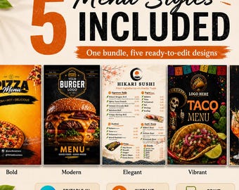 Editable Restaurant Menu Bundle Canva, Printable Dinner Menu Template Set, Bistro Bar Food Menu Design, 5 Templates Instant Download