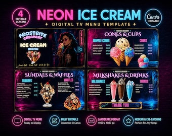 Ice Cream Digital Menu Board | Dessert Shop TV Menu Template | Editable Canva Design