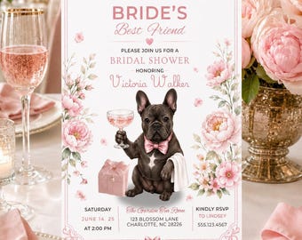 French Bulldog Bridal Shower Invitation, Pink Floral Dog Bride's Friend (A4, 5x7)