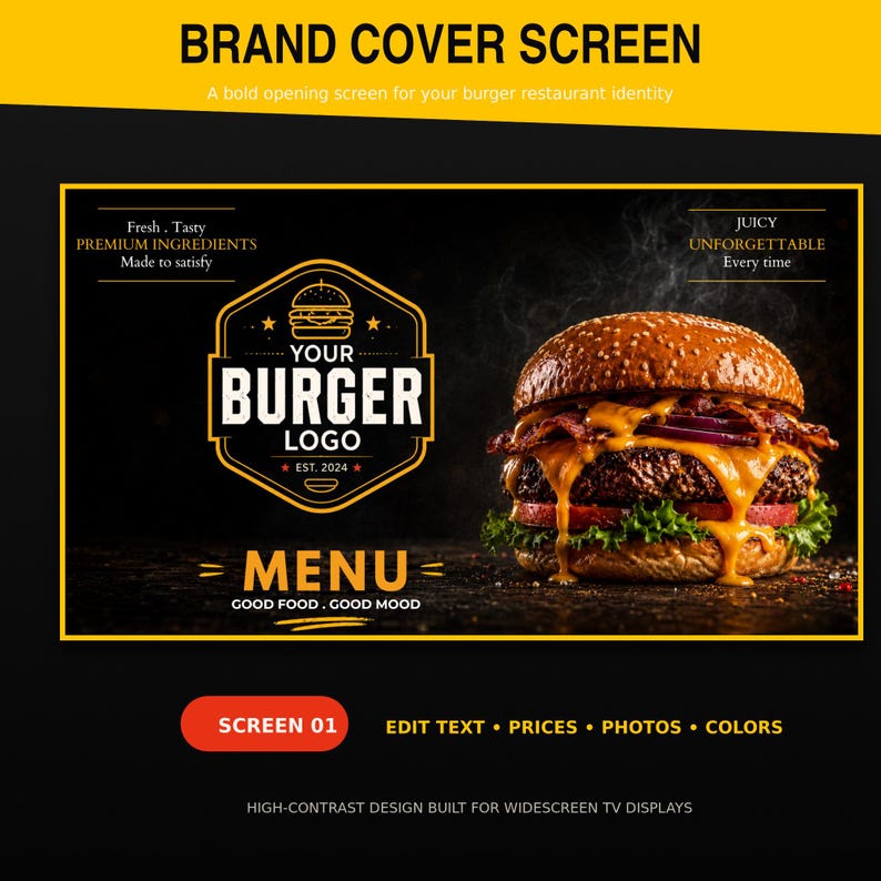 Burgermenu-sjabloon, digitaal menubord met 4 schermen, bewerkbaar Canva ...