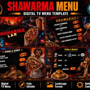 May include: A digital TV menu template titled Shawarma Menu featuring four comic-style panels with illustrations of food, people, and prices. The design includes text such as Shawarma Lab, Kebab & Doner, and Drinks & Dessert, with a dark, vibrant color palette.
