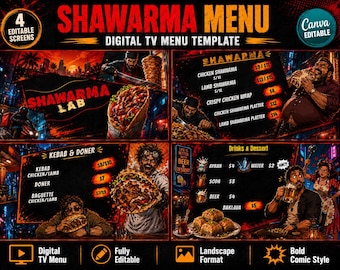Digital Menu Board Bundle, Shawarma Kebab Restaurant, 4 Editable Canva TV Screens
