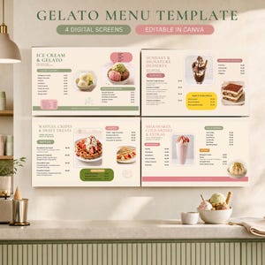 May include: A digital gelato menu template featuring four screens with text and images of ice cream, sundaes, waffles, and milkshakes. The layout includes sections for classic flavors, signature desserts, crepes, and cold drinks on a light background.