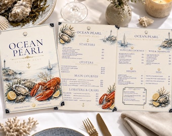 Seafood Menu Template, Oyster Bar Menu, Lobster Menu, Fine Dining Canva Printable