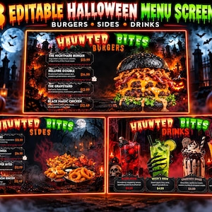 May include: Three editable Halloween menu screens titled Haunted Bites featuring burgers, sides, and drinks. The graphics display a spooky graveyard background with pumpkins, a black bun burger, fried sides, and colorful cocktails with prices.