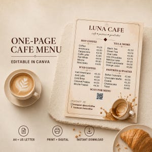 Bearbeitbare Canva-Vorlage für Café-Speisekarte, Preisliste für Coffeeshops, Speisekarte für Kleinunternehmen, druckbares A4- oder US-Letter-Format, sofortiger Download