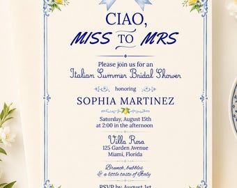 Italian Bridal Shower Invitation, Ciao Miss to Mrs, Lemon Blue Editable Template, 5x7 Printable
