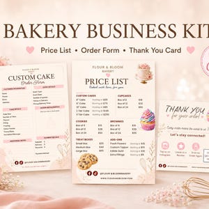 Op de afbeelding: Een bakkerij business kit met een bestelformulier voor taarten, een prijslijst en een bedankkaartje. De documenten zijn crèmekleurig met roze accenten en bevatten teksten zoals BAKERY BUSINESS KIT, CUSTOM CAKE ORDER FORM en THANK YOU.