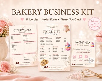 Bakery Business Kit Canva Template, Cake Order Form, Bakery Price List, Thank You Card, Home Baker Menu Bundle