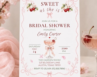 Cherry Bridal Shower Invitation, Sweet as She Is Template, Watercolor Bows (A4 & 5x7 Printable)