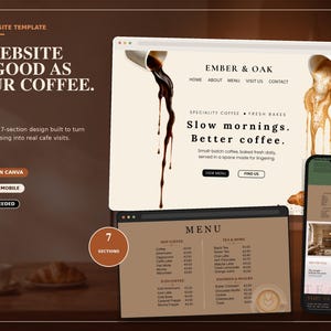 Puede incluir: Una plantilla de sitio web para cafetería con vista de navegador de escritorio de la marca Ember & Oak, café vertiéndose de tazas y una pantalla móvil. El diseño incluye una sección de menú, el texto A Website As Good As Your Coffee y botones.