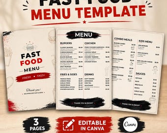Editable Fast Food Menu Template, Canva Restaurant Menu, Takeout Price List, Burger Chicken Combo Menu, Food Truck A4