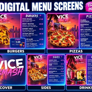 May include: Five digital menu screens with a neon aesthetic featuring Vice Smash branding. The screens display food categories including burgers, pizzas, sides, and drinks with prices, item descriptions, and sunset city skyline backgrounds.