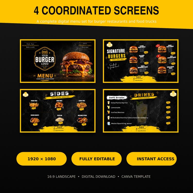 Burgermenu-sjabloon, digitaal menubord met 4 schermen, bewerkbaar Canva ...