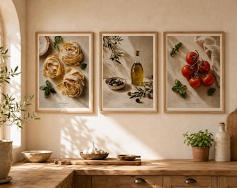Italian Kitchen Wall Art Set, Pasta Olive Tomato Prints (Digital Download)